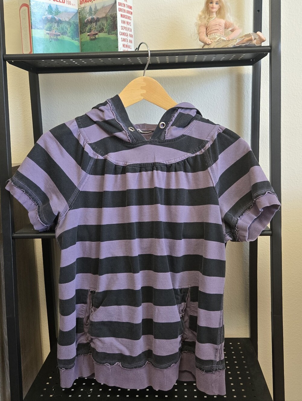 Y2K Retro Scene/Emo Purple & Black Striped Short Sleeve Hoodie